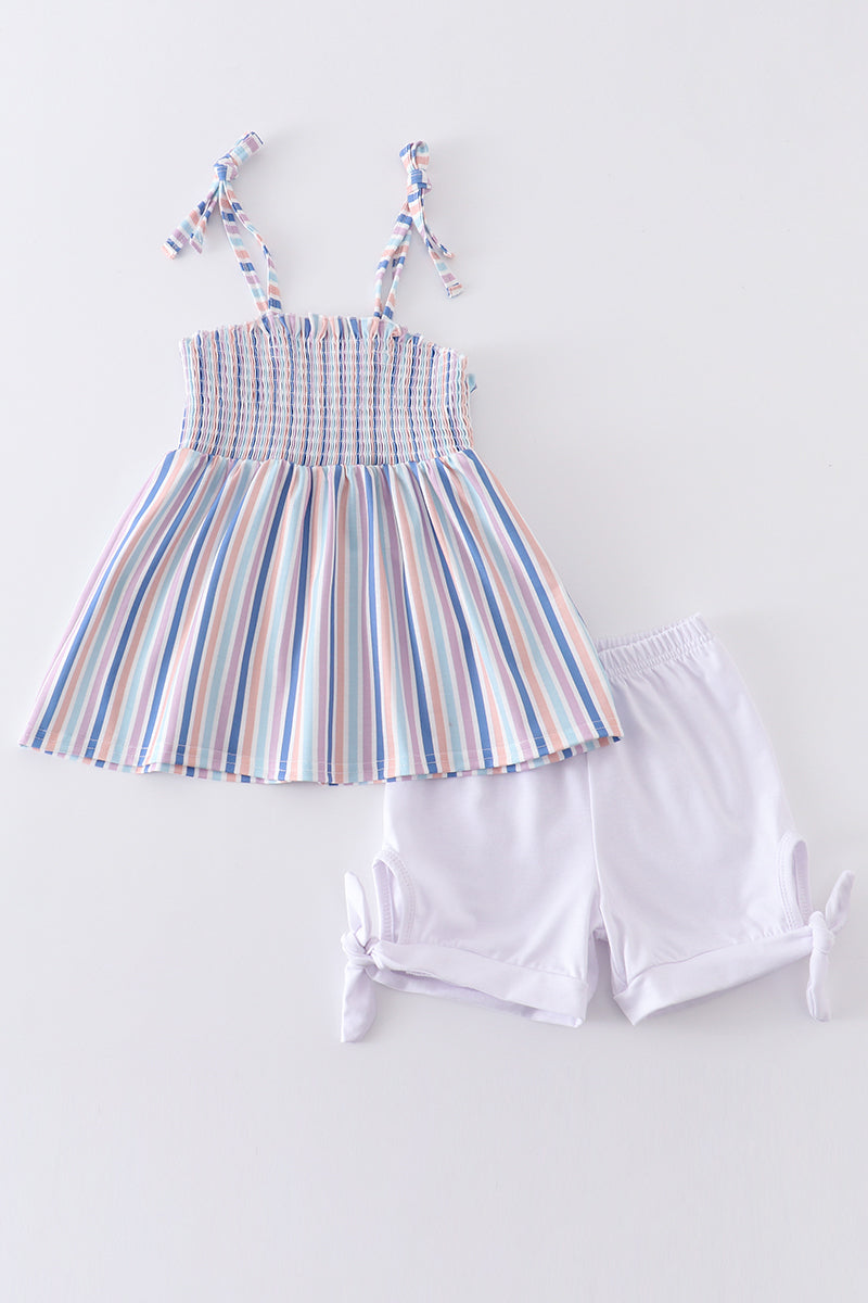 Blue stripe smocked strap girl set