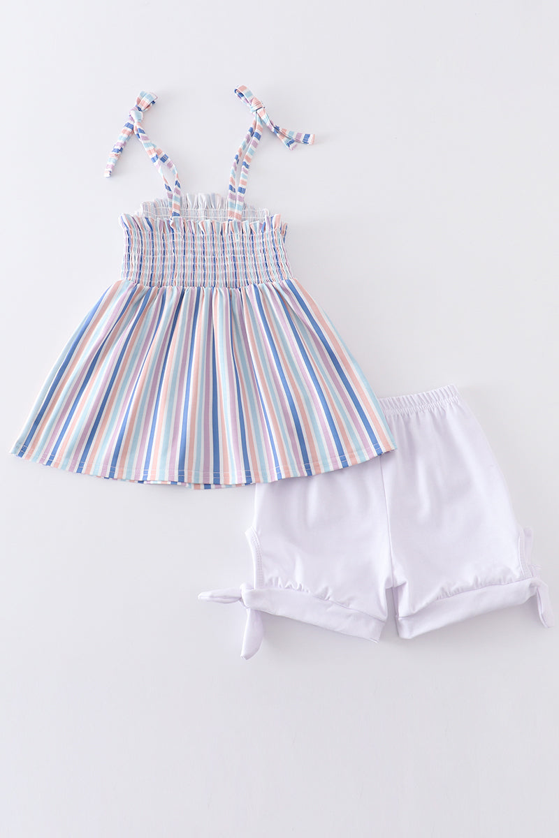 Blue stripe smocked strap girl set