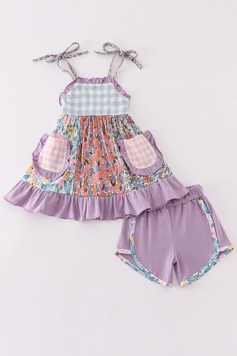 Purple floral print ruffle girl set