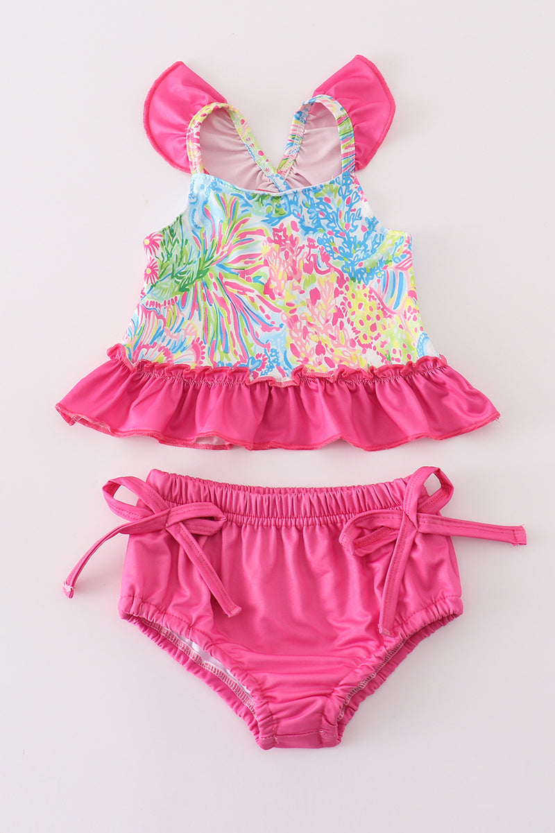 Pink tropical floral girl swimsuit set