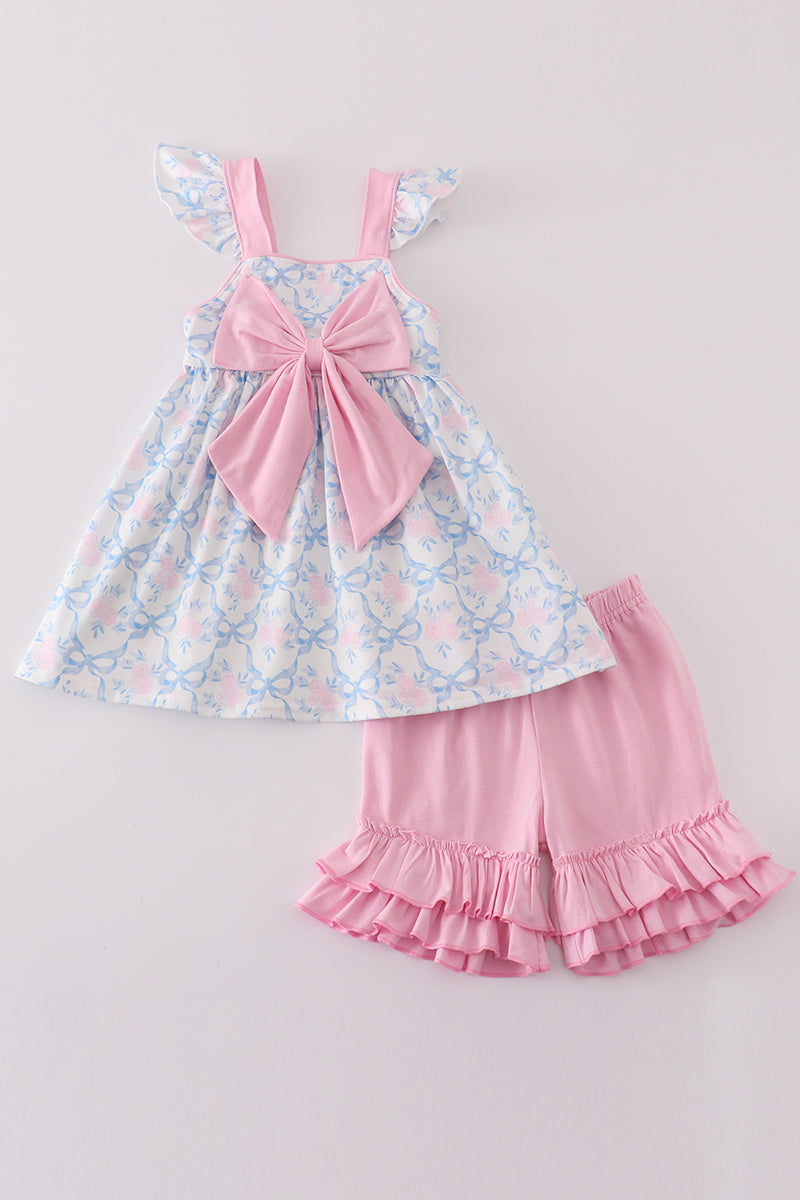 Blue bow tie print girl set