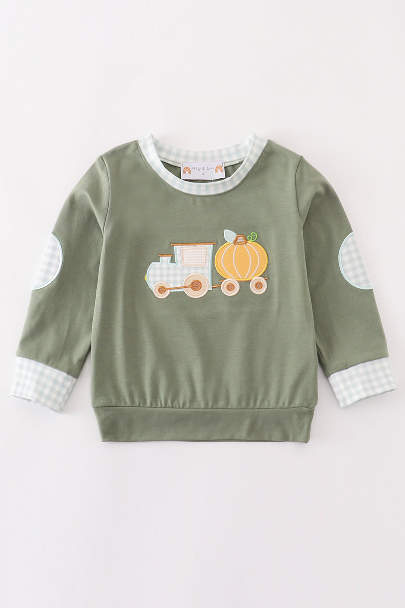 Green train pumpkin applique boy top