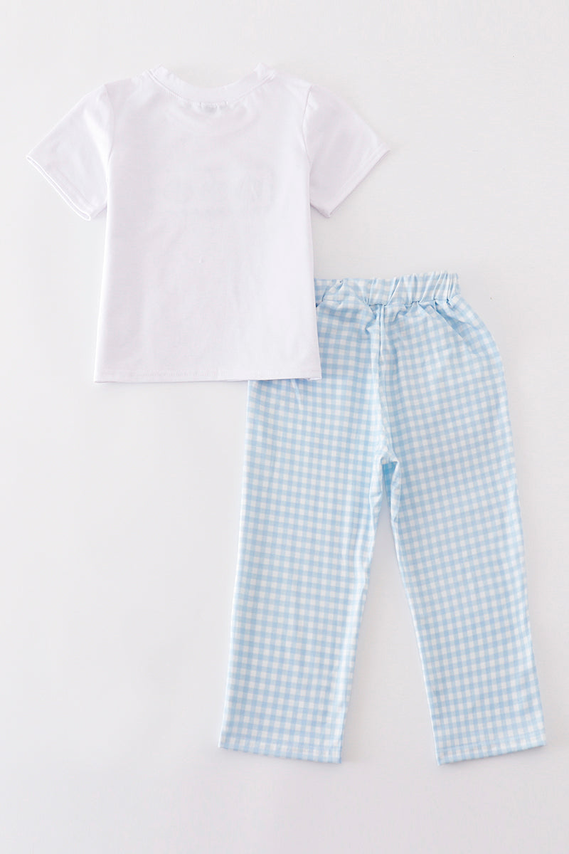 Blue pumpkin embroidery plaid boy set