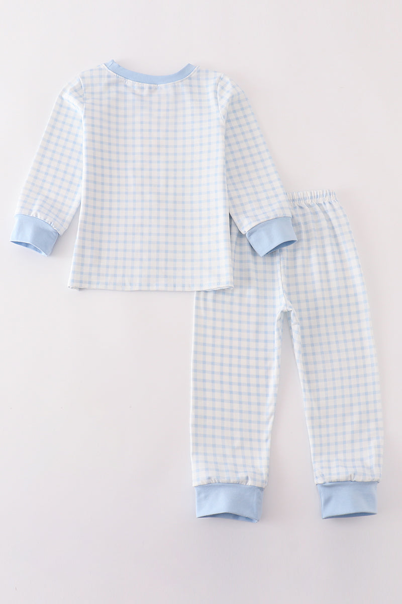 Blue pumpkin embroidery plaid boy set