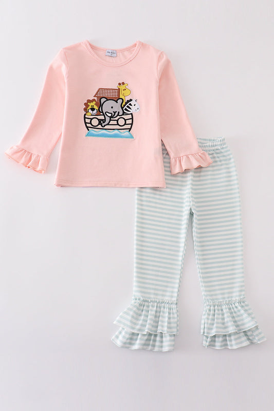 Pink noah's ark embroidery stripe girl set