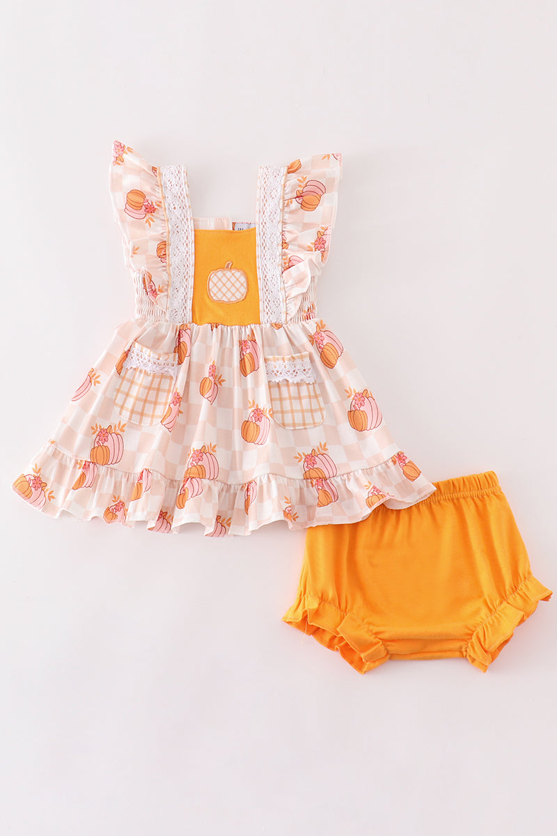 Orange pumpkin applique baby girl set