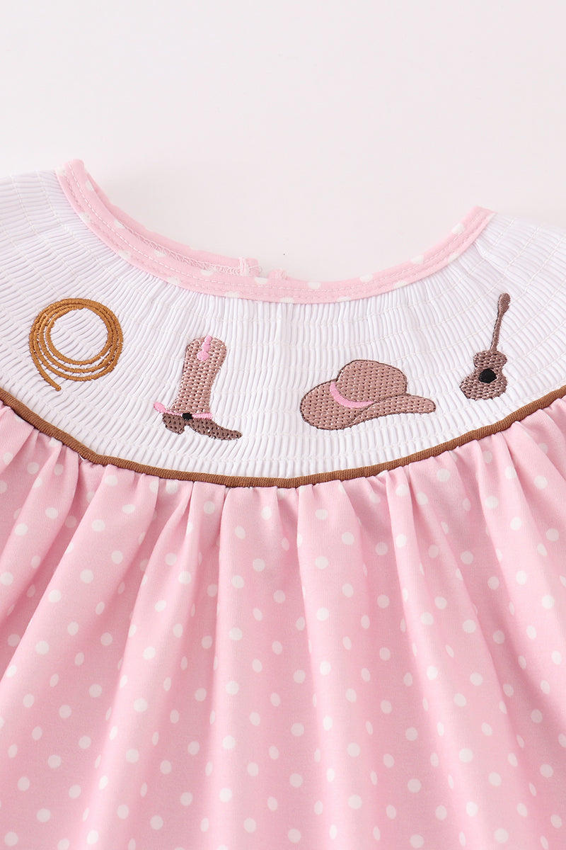 Pink dot smocked western embroidery girl dress