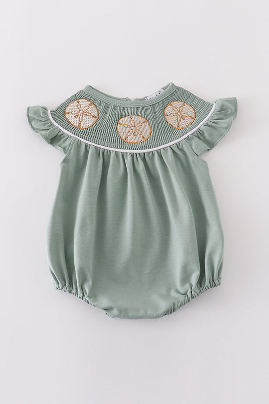 Sage sand dollar embroidery smocked girl bubble