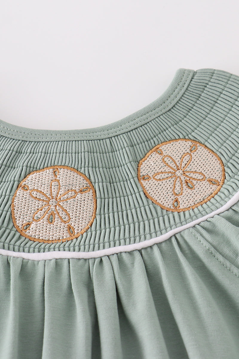 Sage sand dollar embroidery smocked girl bubble