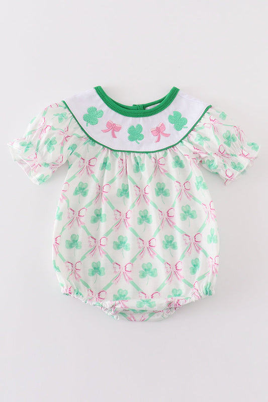 Green lucky clover bow embroidery girl bubble