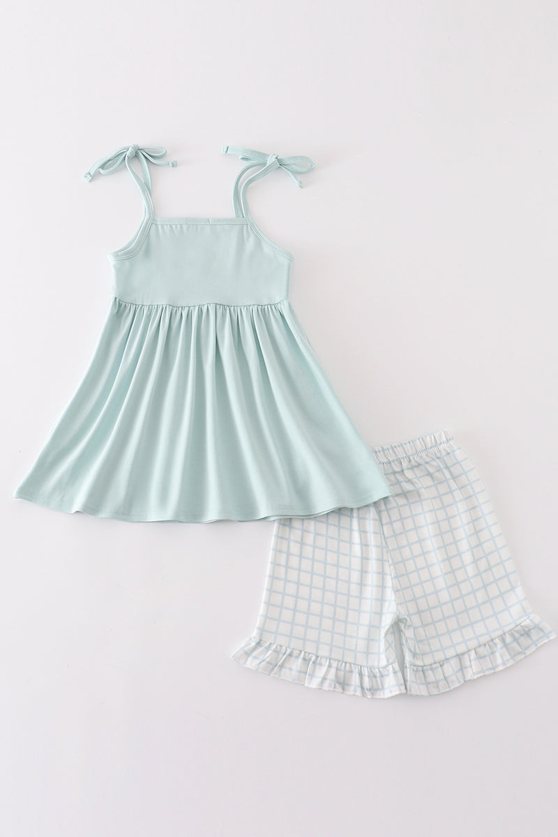 Blue checkered strap girl set