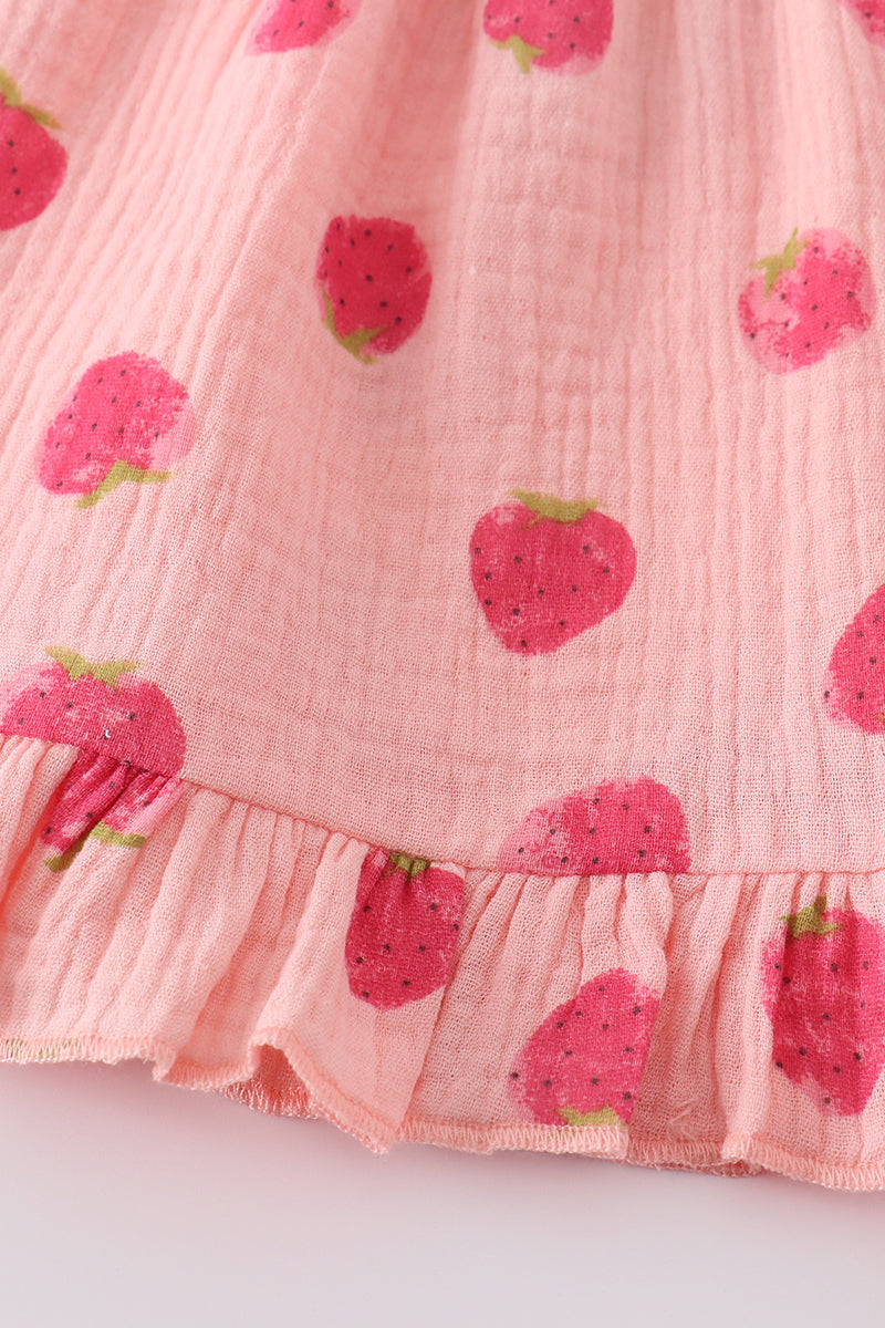 Pink strawberry print muslin girl bloomer set