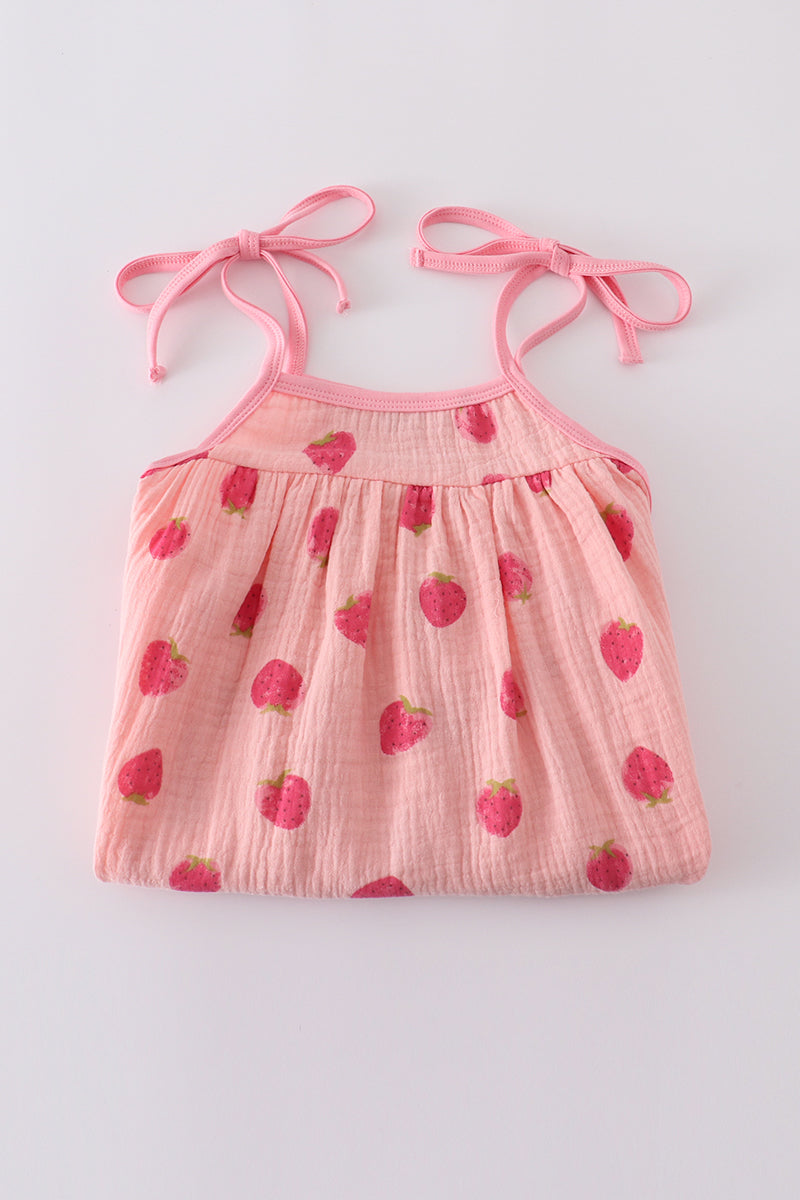 Pink strawberry print muslin girl dress