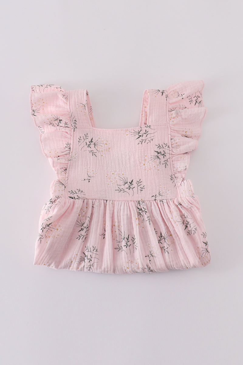 Pink floral print muslin girl ruffle dress