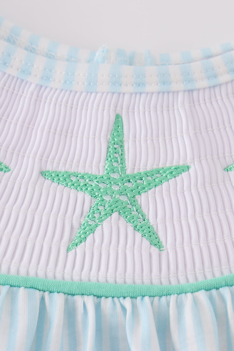 Blue stripe starfish embroidery smocked girl bubble