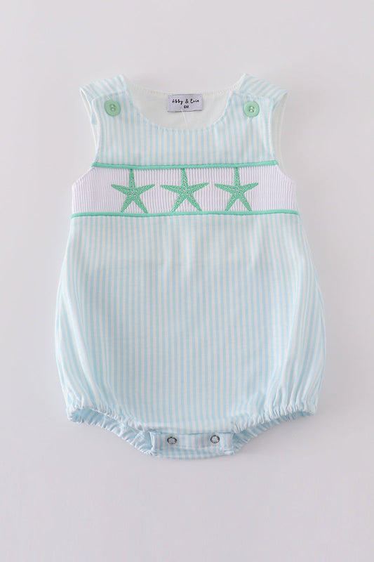 Blue stripe starfish embroidery smokced boy bubble