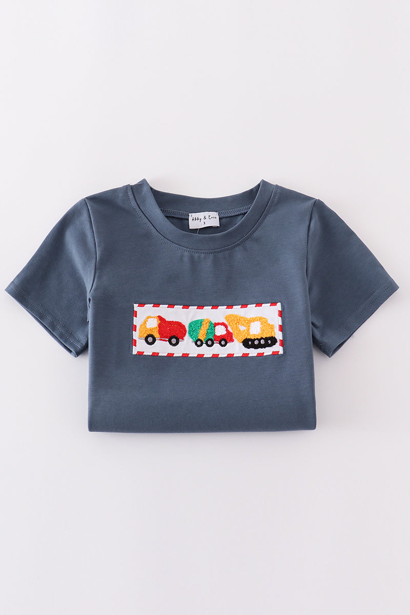 Navy truck french knot boy set