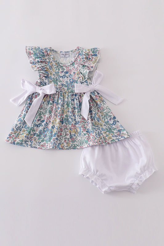 Vintage meadow print bow bloomer set