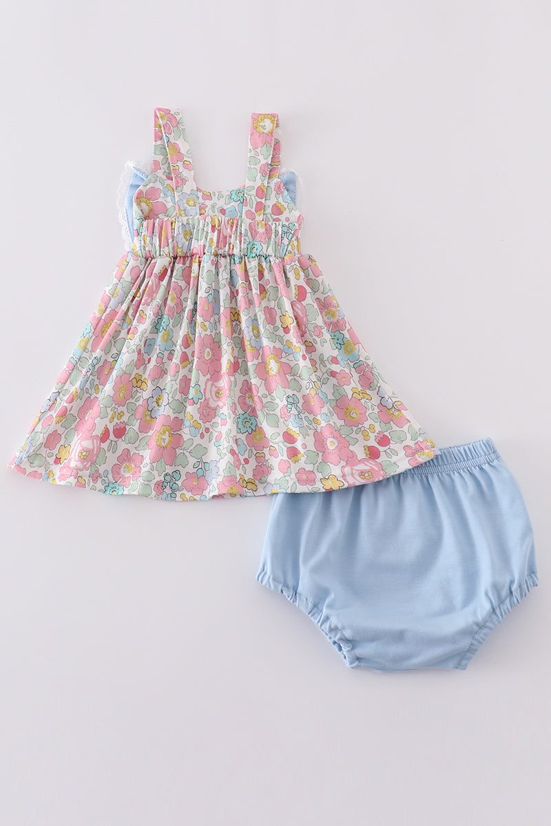 Blue floral print bow bloomer set