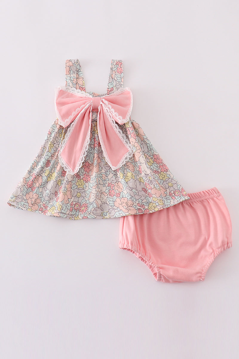 Pink floral print bow bloomer set