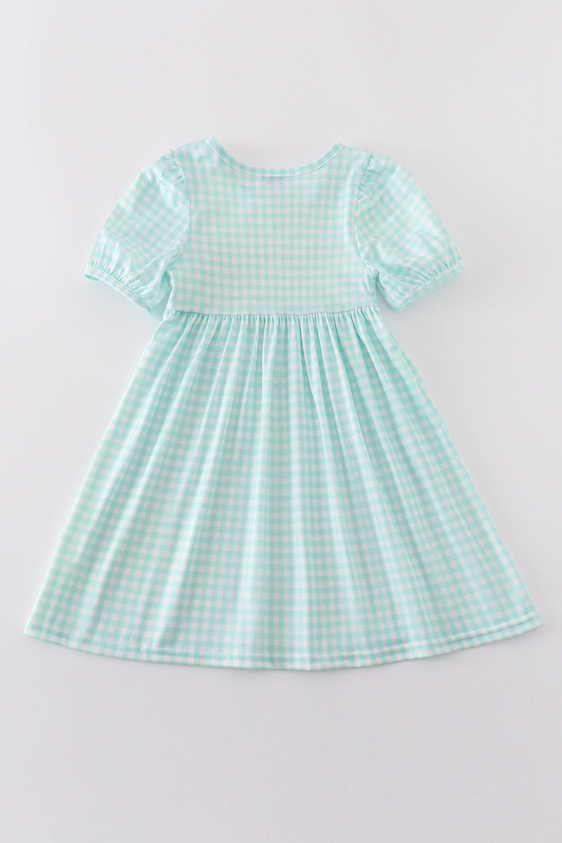 Blue princess embroidery girl gingham dress