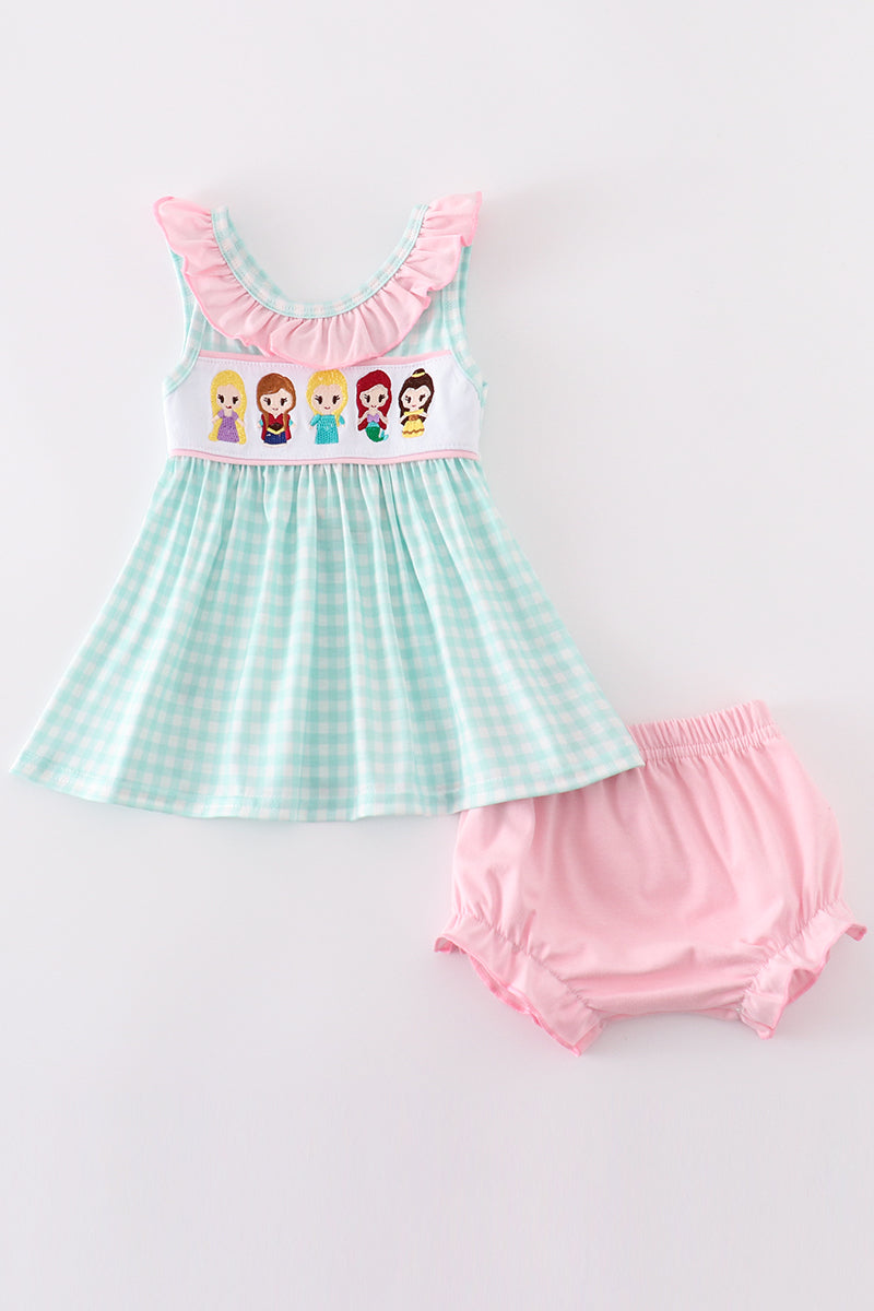 Blue princess embroidery girl gingham bloomer set