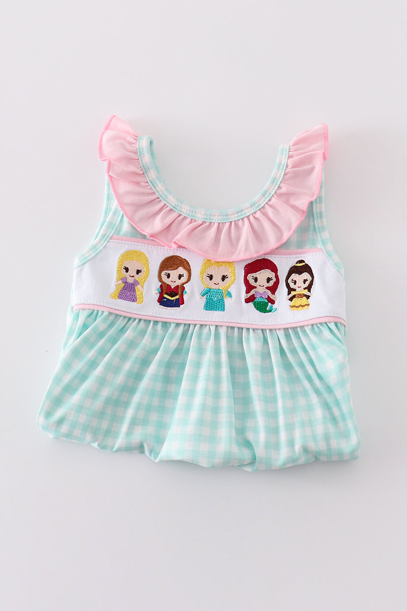 Blue princess embroidery girl gingham bloomer set