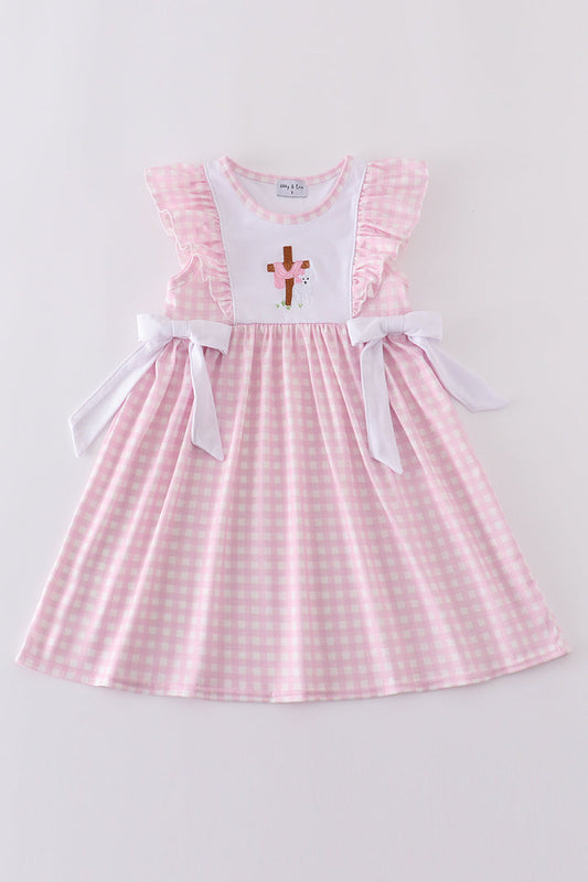 Pink cross embroidery bow dress