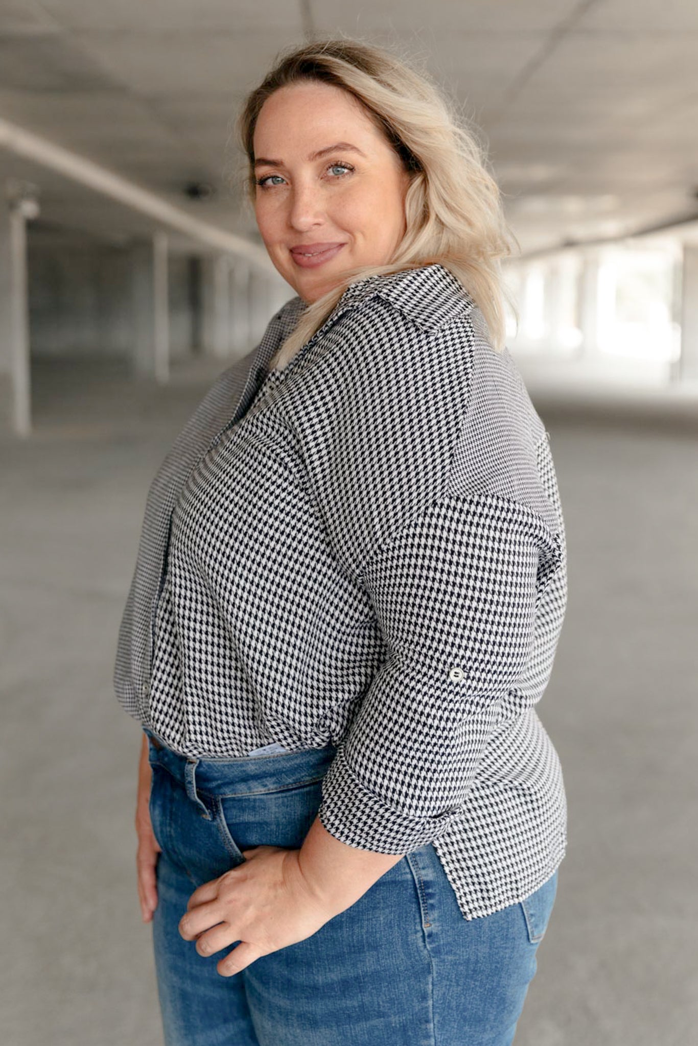 Mixed Houndstooth Button Up Top