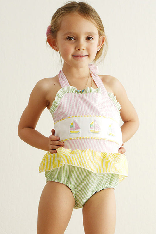 Seersucker sailboat embroidery girl swimsuit