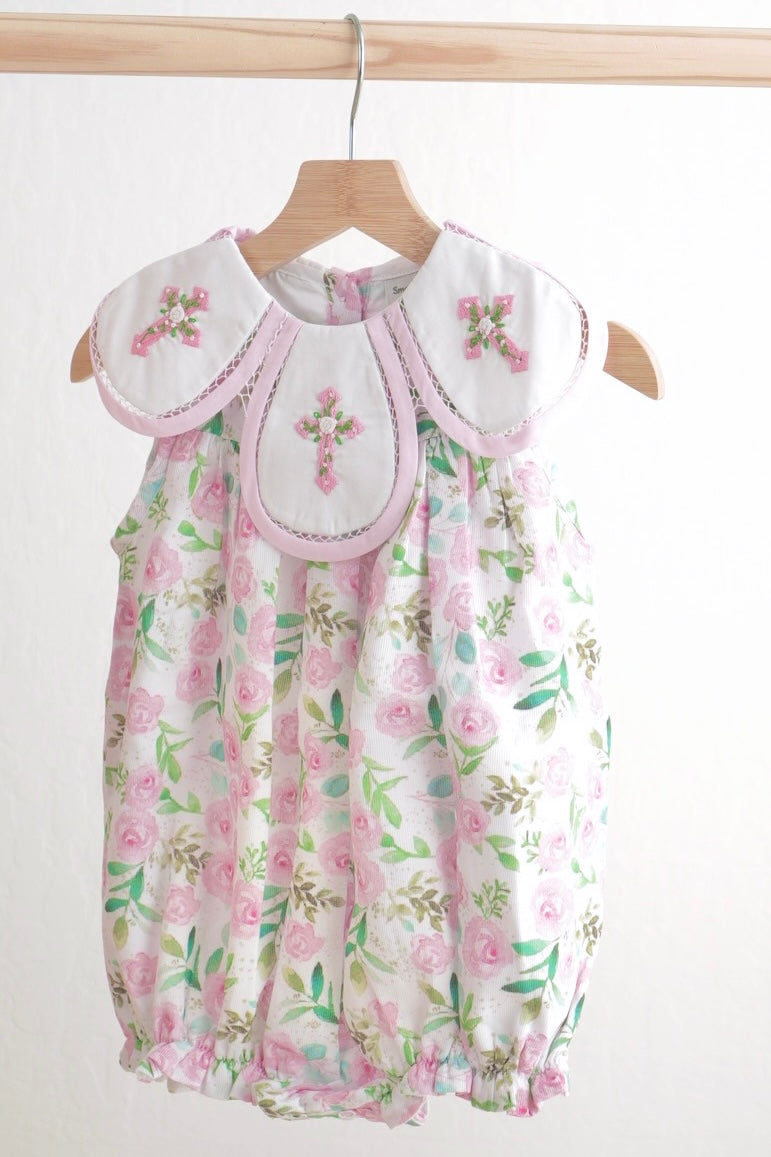 Pink easter cross embroidery floral girl bubble