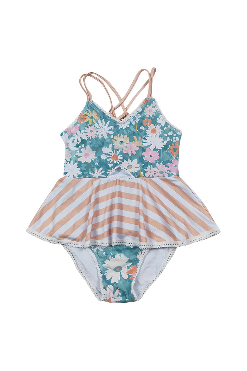 Daisy meadow print girl one-piece swimsuit