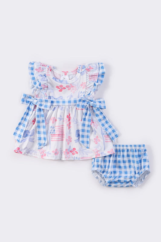 Patriotic bow flag print girl bloomer set