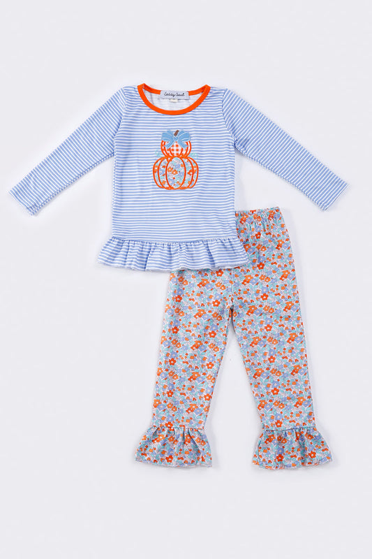 Blue stripe pumpkin applique girl set