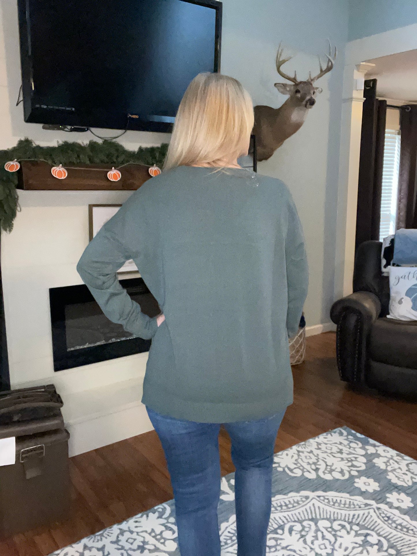 V-Neck Front Seam Sweater in Ash Jade