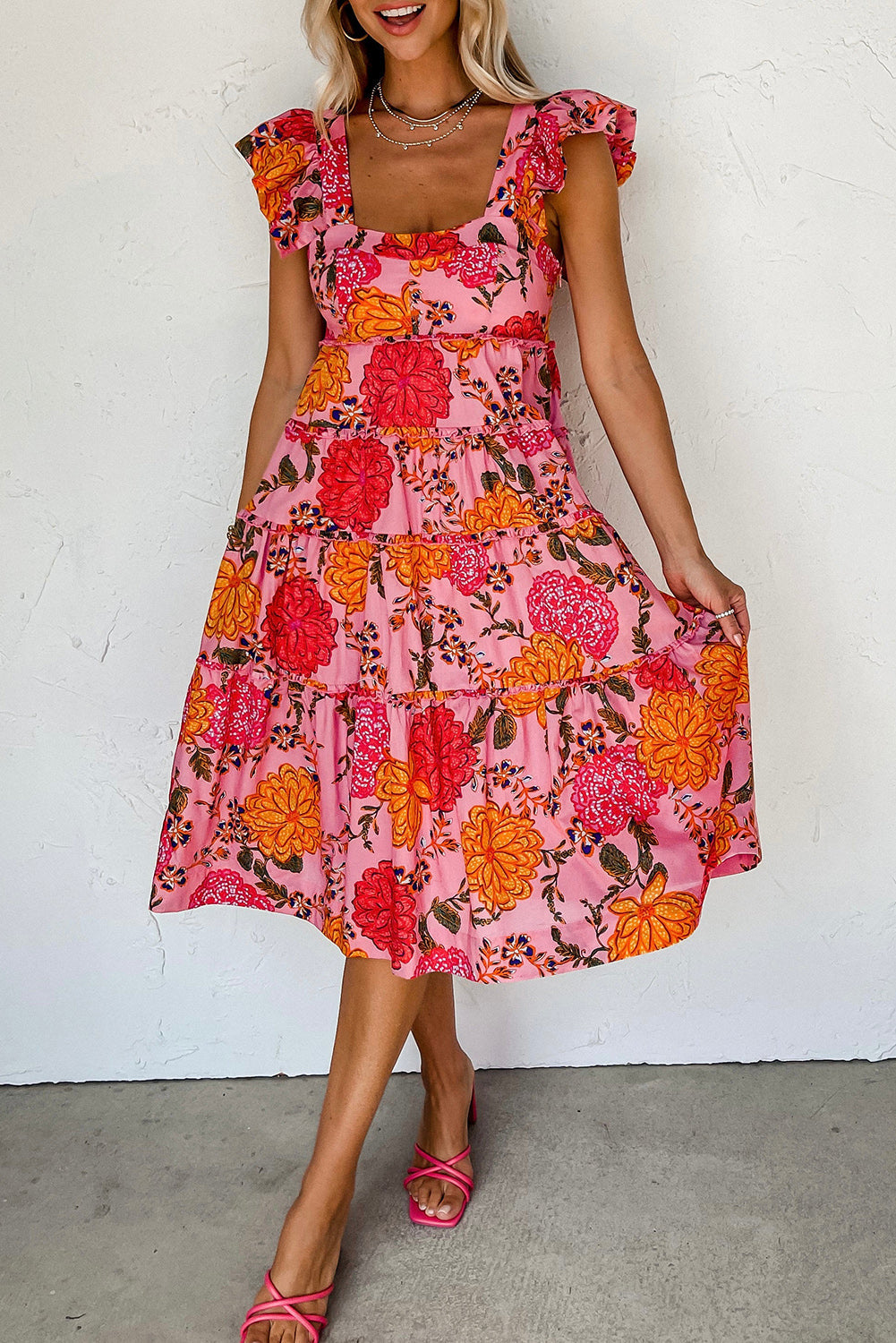 Pink Floral Square Neck Midi Dress RTS