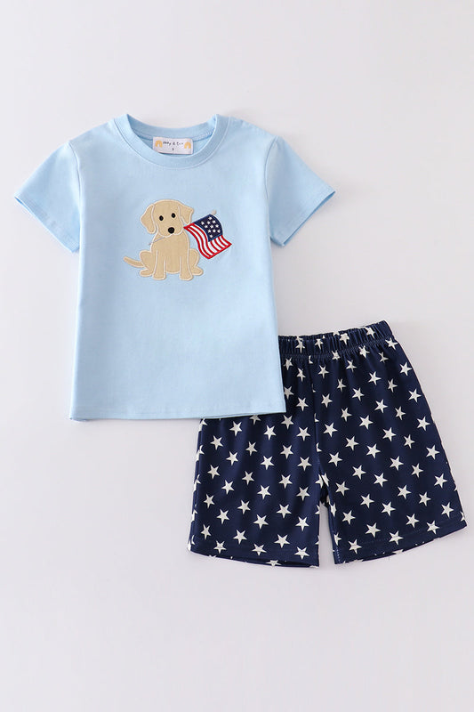 Premium Blue patriotic puppy flag applique boy set