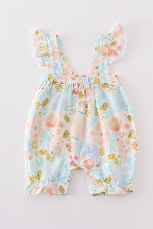 Premium Blue & pink muslin floral ruffle romper