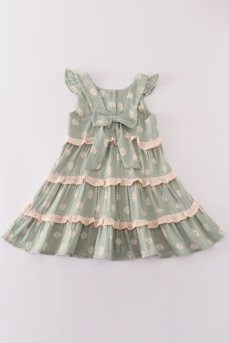 Premium Sage muslin daisy tiered dress