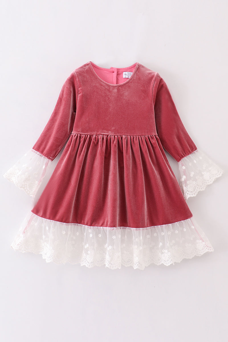 Premium Dusty pink velvet lace dress