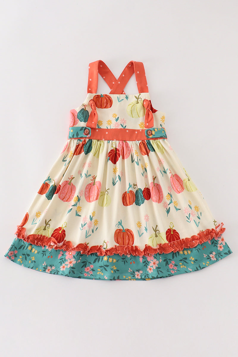 Platinum pumpkin print ruffle apron dress