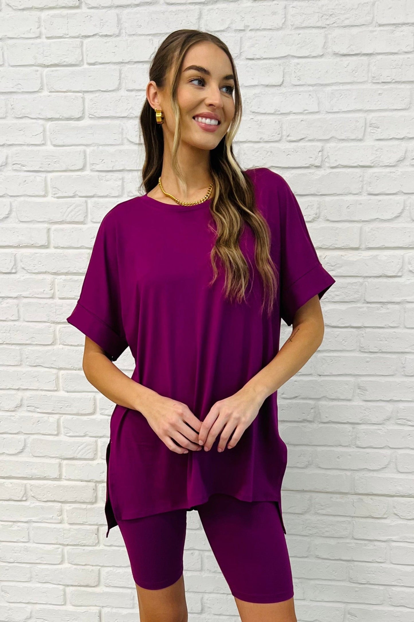 Comfy Cruising Top and Biker Shorts Set in Lt Plum