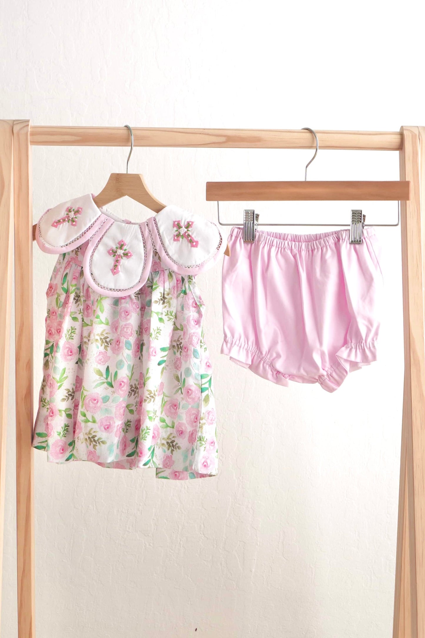 Pink easter cross embroidery floral girl set