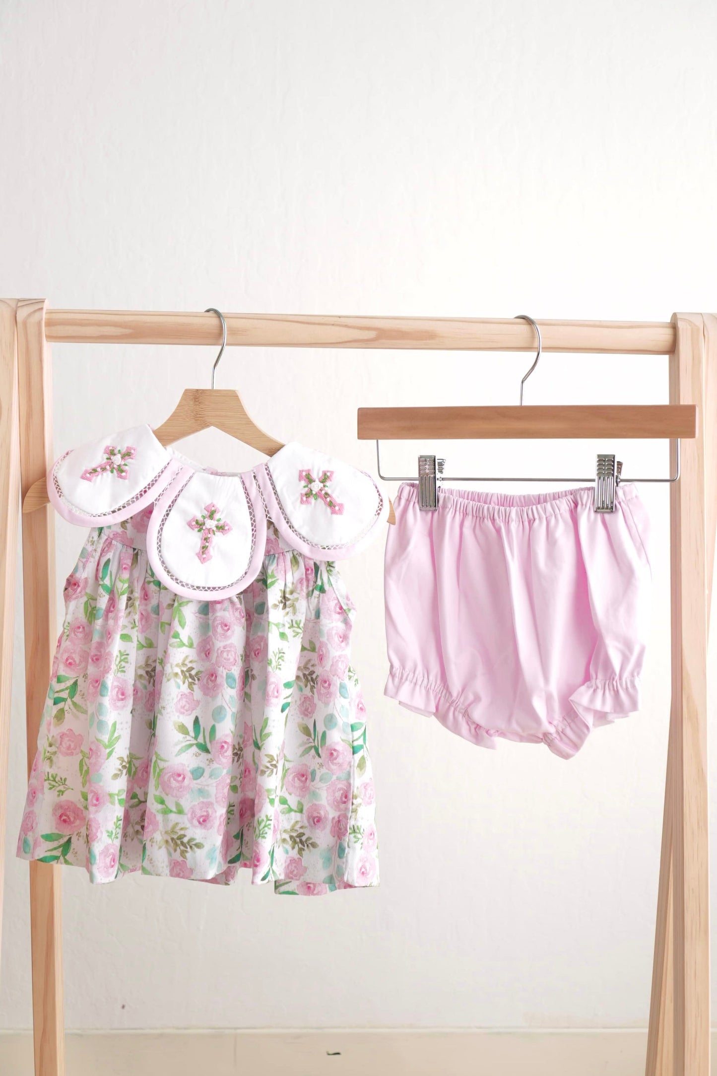 Pink easter cross embroidery floral girl set