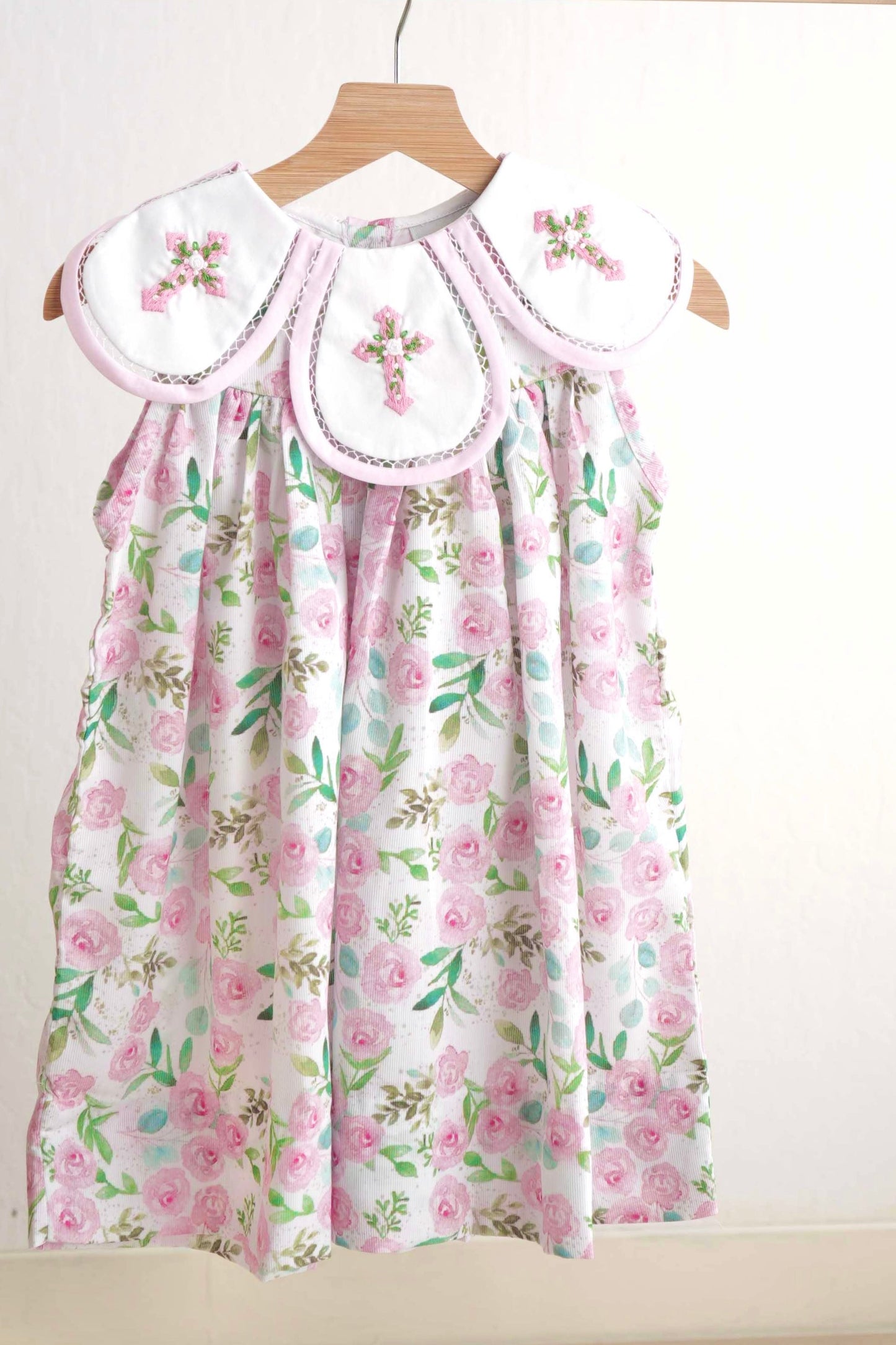 Pink easter cross embroidery floral girl dress