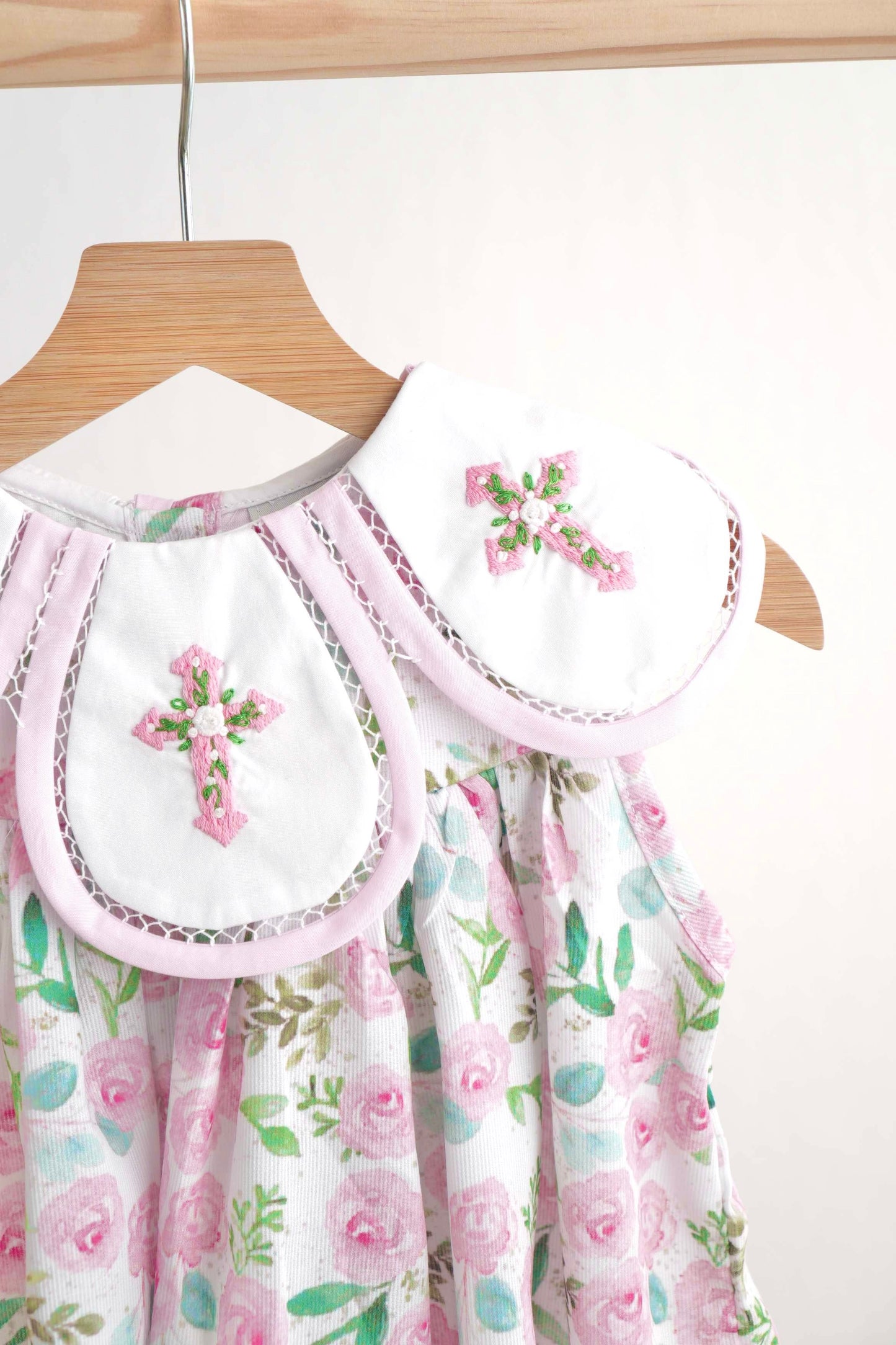 Pink easter cross embroidery floral girl dress