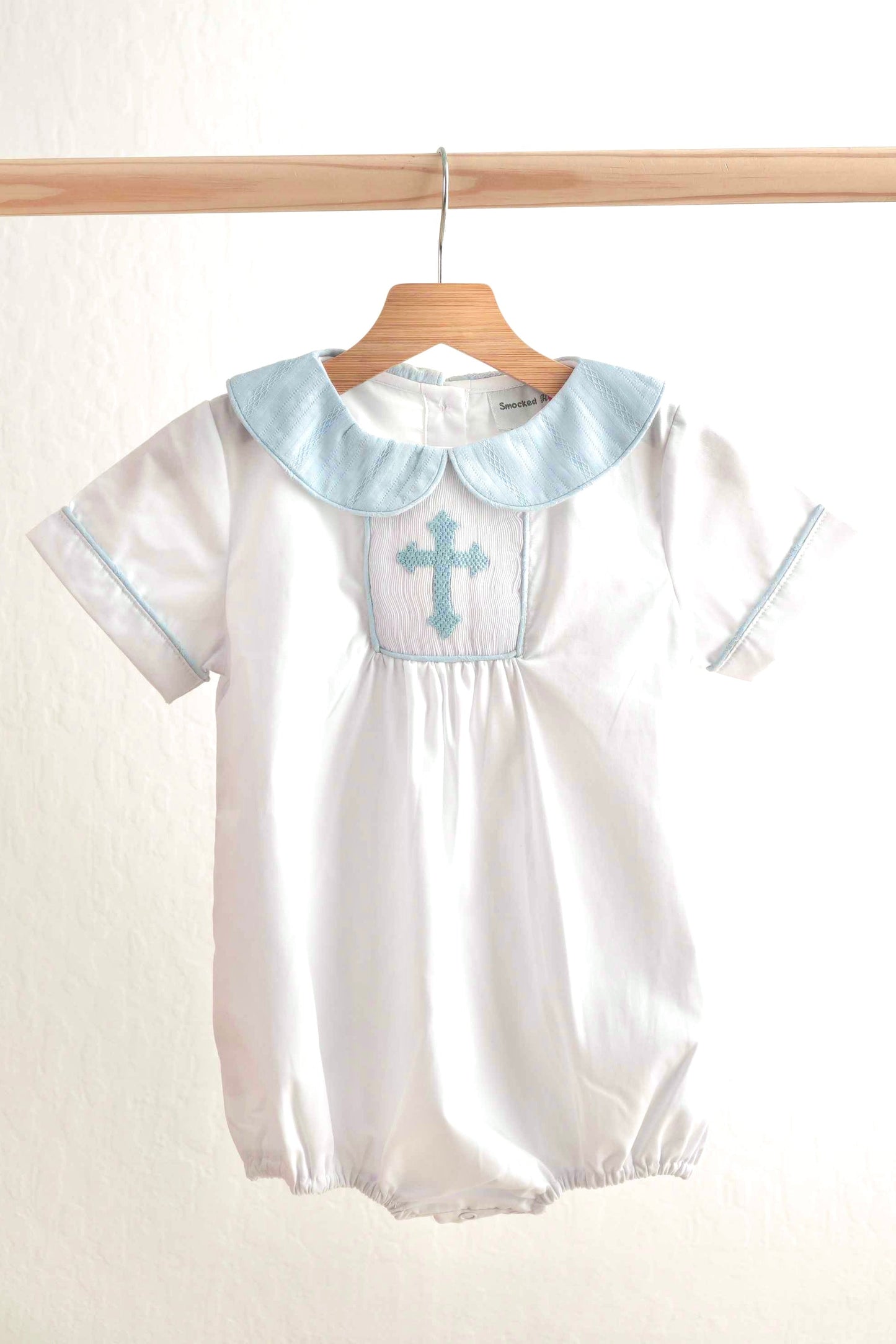 Blue easter cross hand-smocked boy bubble