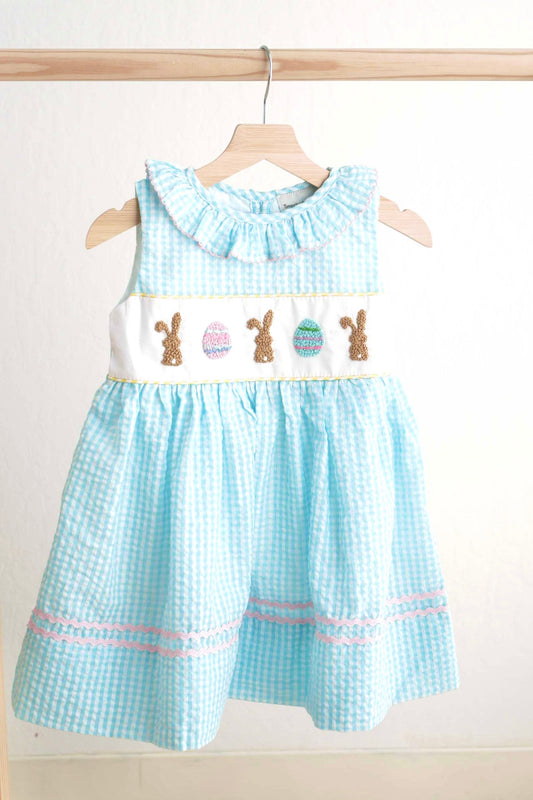 Blue easter bunny egg french knot girl gingham seersucker dress