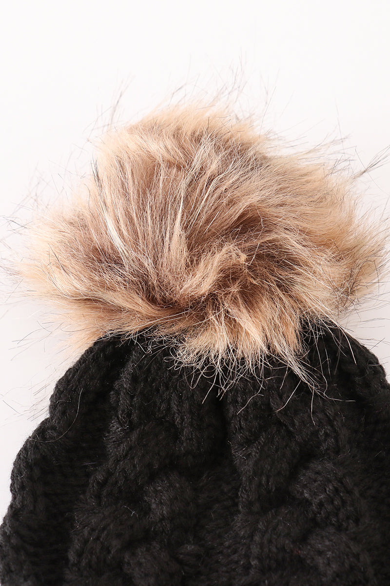 Black pompom cable beanie