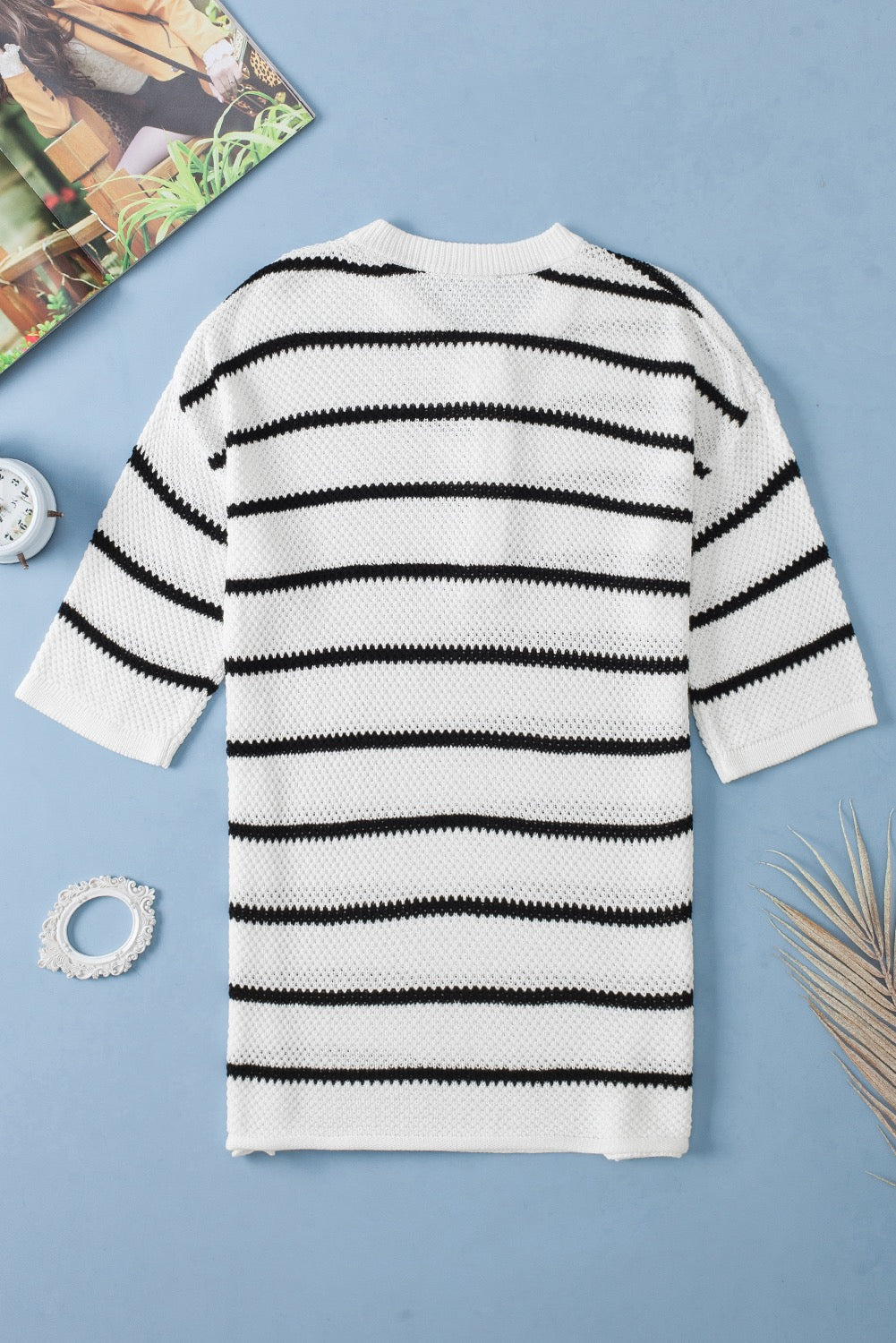 White Striped Henley Sweater Top March.